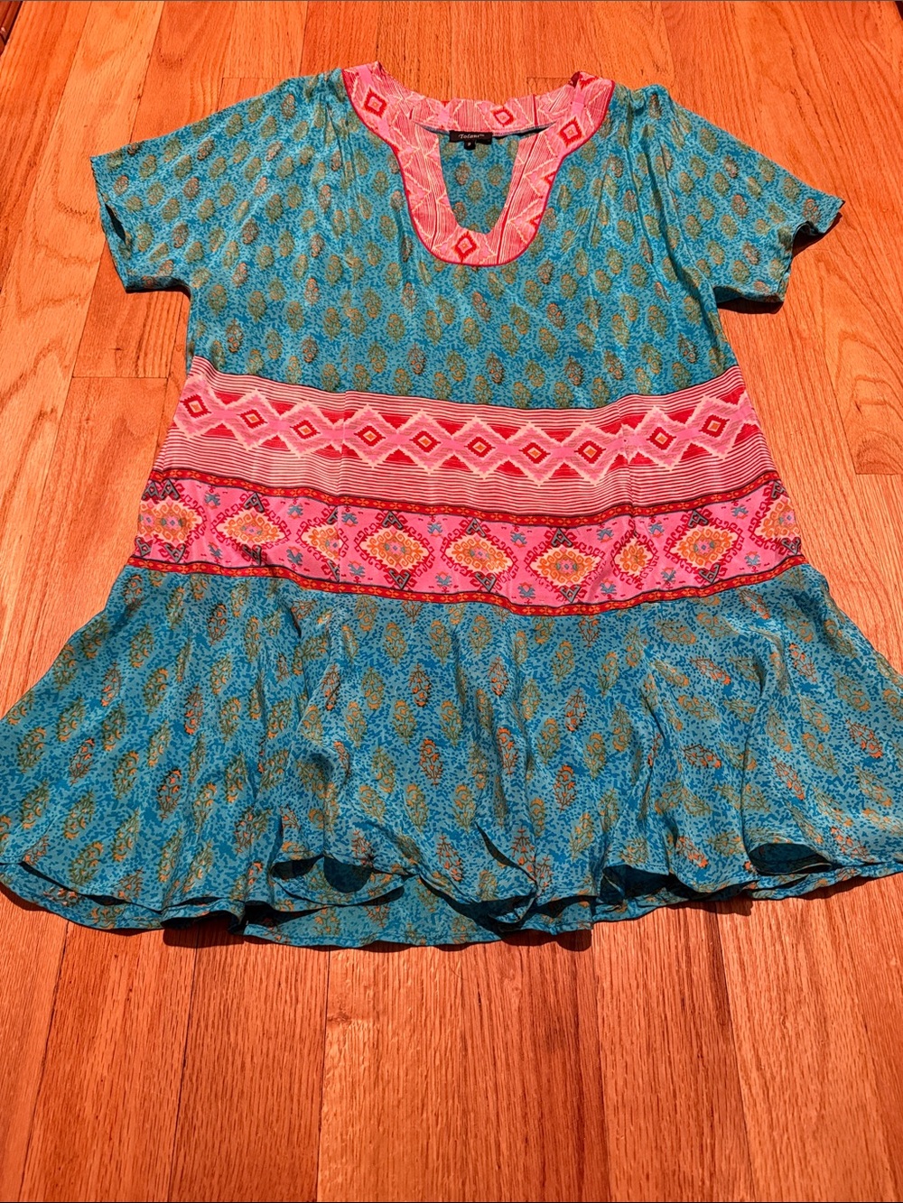 Tolani 100% Silk Boho Luxe Tunic Dress Turquoise Pink Geometric Ruffle Hem Small - Picture 7 of 15